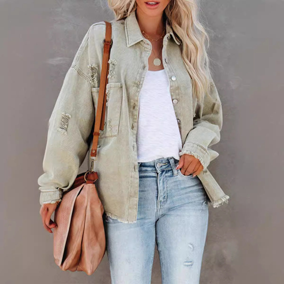 Damen Oversized Denimjacke Fransensäume Knopfdesign