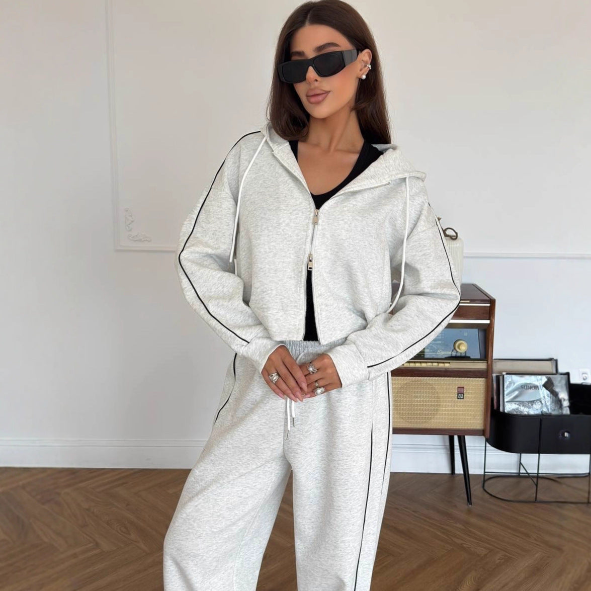 Damen Sportanzug Cropped Hoodie Weite Jogginghosen Norvielle