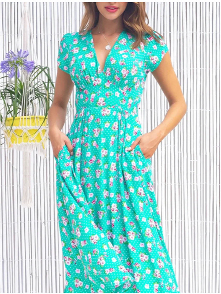 Damen Geblümtes Midikleid V-Ausschnitt Kurzärmel Sommerkleid