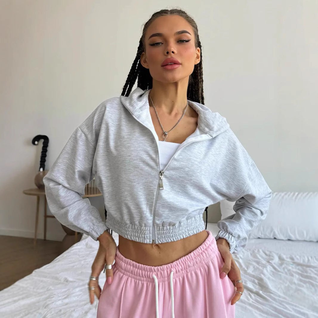 Damen Cropped Kapuzenjacke Elastischer Bund Lässiger Schnitt