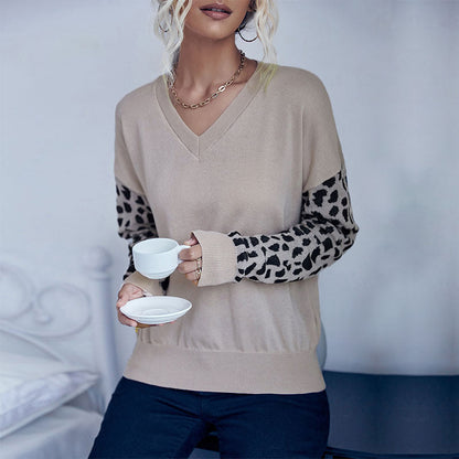 Damen Strickpullover V-Ausschnitt Leopardenmuster Ärmel