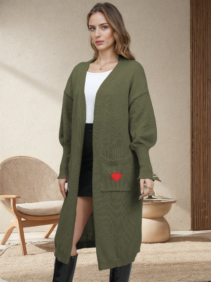 Damen Langarm Strickjacke Herzen Offene Taschen Norvielle