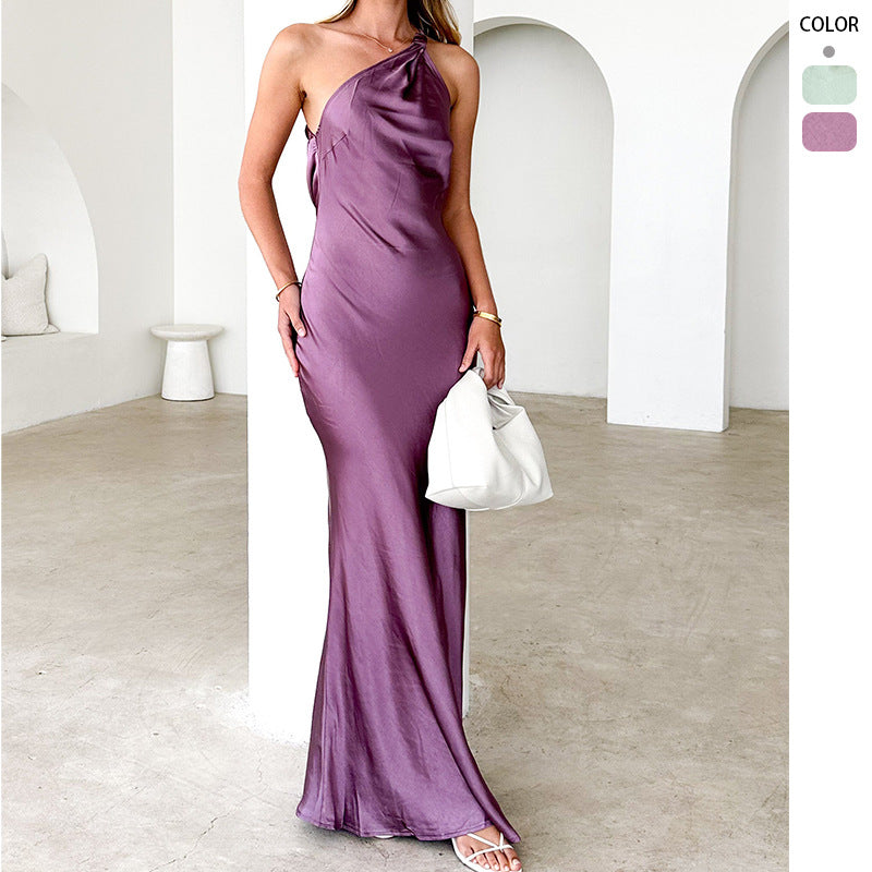 Damen Maxikleid Asymmetrischer Träger Fließender Schnitt Norvielle - Norvielle