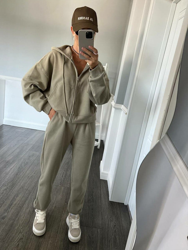 Damen Fleece-Jogginganzug Reißverschluss Kapuze Norvielle