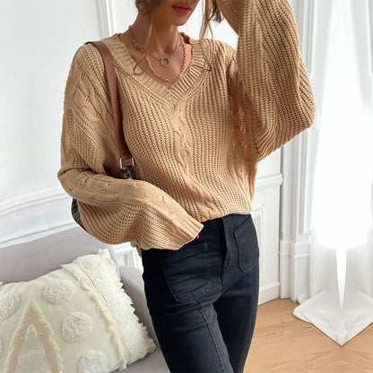 Damen Strickpullover Weit V-Ausschnitt Rautenmuster Norvielle