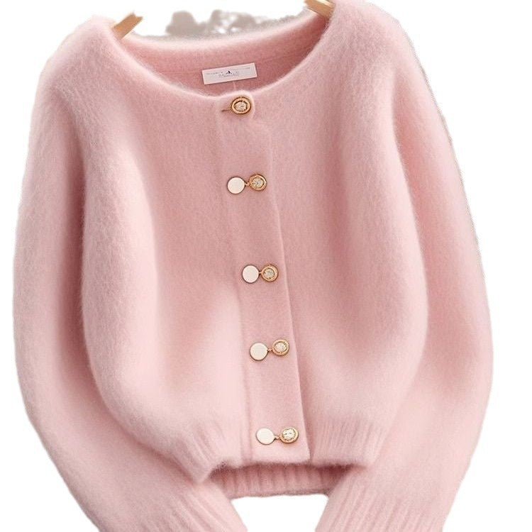 Damen Strickjacke Kuschelig Goldene Knöpfe Beige
