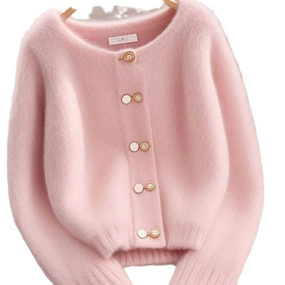 Damen Strickjacke Kuschelig Goldene Knöpfe Beige