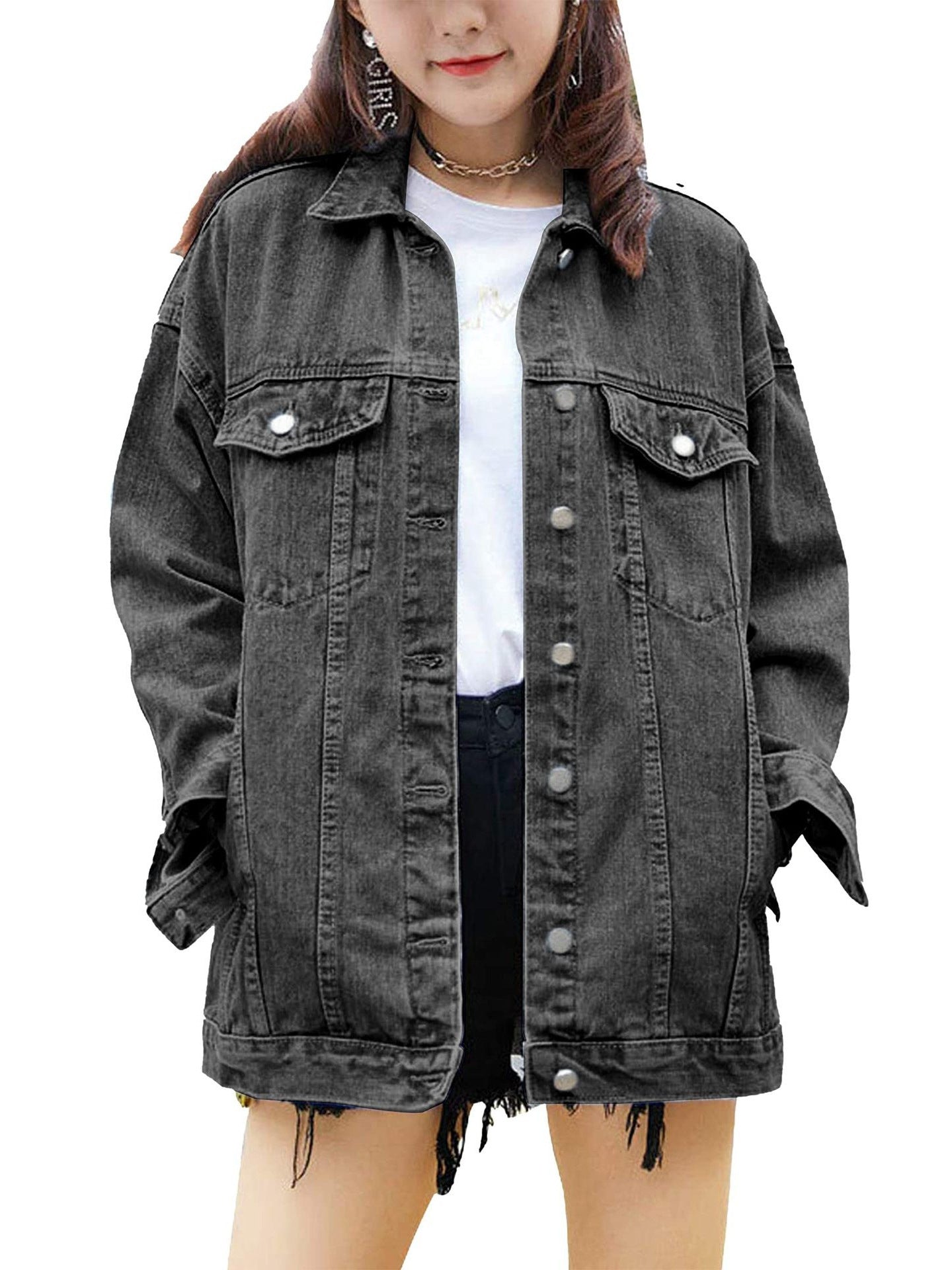 Damen Oversized Denimjacke Dekorative Druckknöpfe