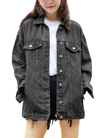 Damen Oversized Denimjacke Dekorative Druckknöpfe