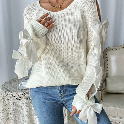 Damen Strickpullover Offene Armgestaltung Dekorative Schleifen