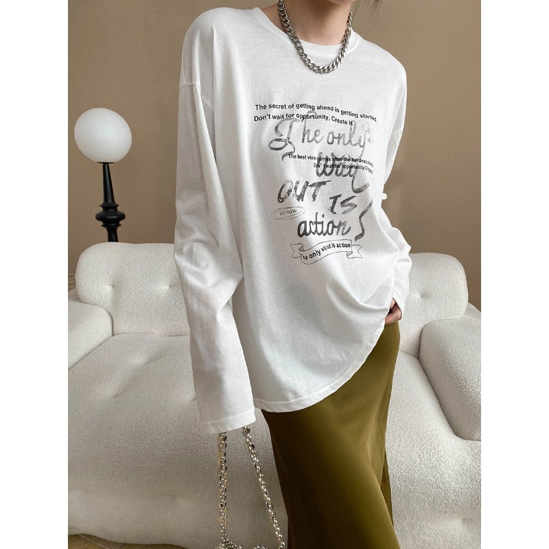 Damen Langarmshirt Grafikdruck Baumwolle Weiß - Norvielle