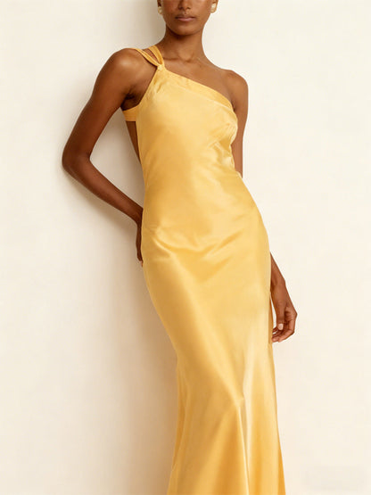 Damen Maxikleid Asymmetrischer Halter Satin Schimmernd