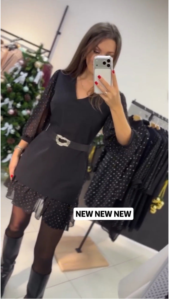 Damen Kleid mit Puffärmeln und Gürtel Norvielle