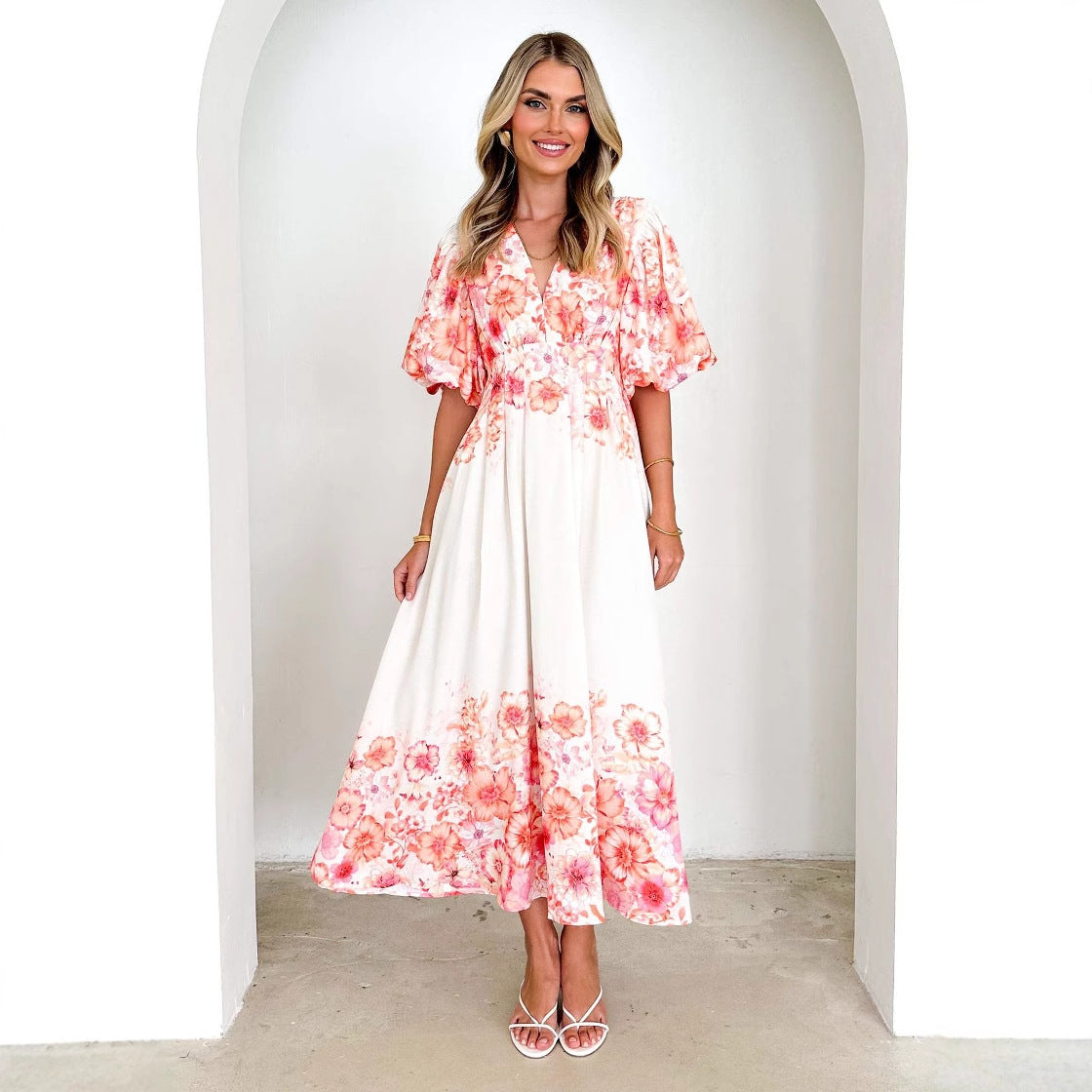Damen Maxikleid Voluminöse Puffärmel Florales Design