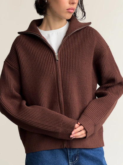 Damen Grobstrickpullover Norvielle Hochkragen Reißverschluss Beige