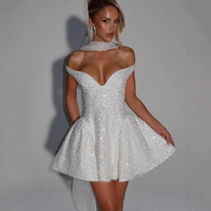 Damen Cocktailkleid Schulterfrei Paillettenbesatz Norvielle