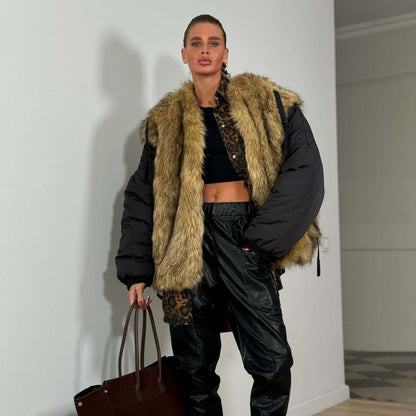 Damen Modische Jacke Kunstfellkragen Schwarz Norvielle - Norvielle