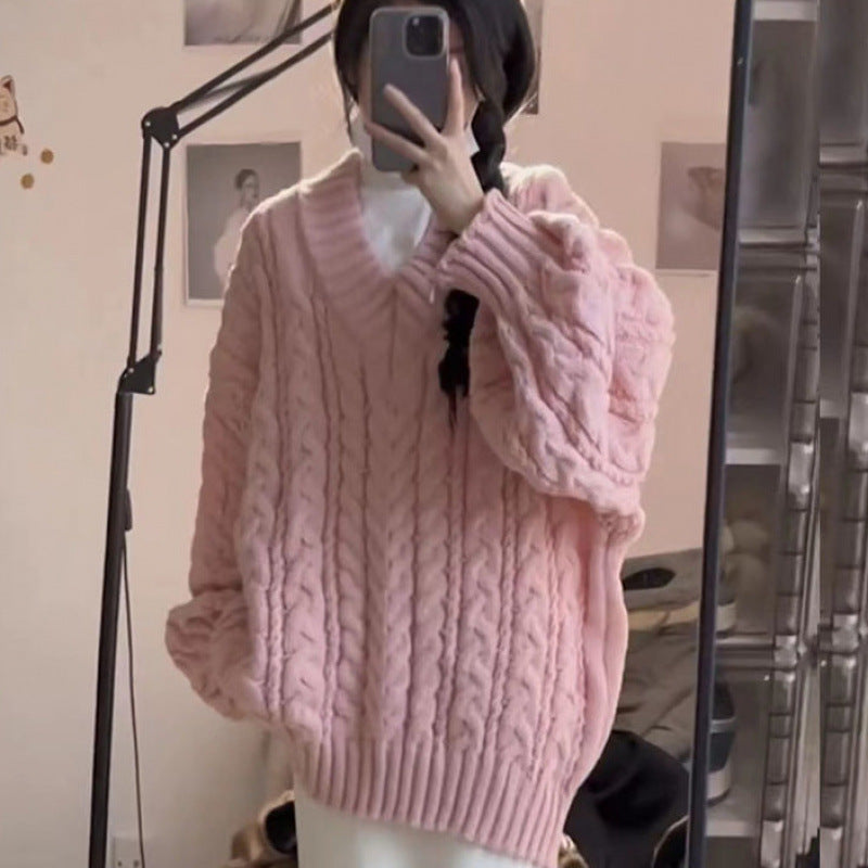 Damen Grobstrickpullover V-Ausschnitt Voluminöse Ärmel Norvielle