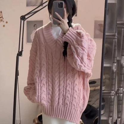Damen Grobstrickpullover V-Ausschnitt Voluminöse Ärmel Norvielle
