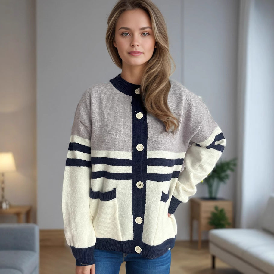 Damen Strickjacke Dekorative Streifen Große Knöpfe Norvielle