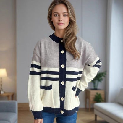 Damen Strickjacke Dekorative Streifen Große Knöpfe Norvielle