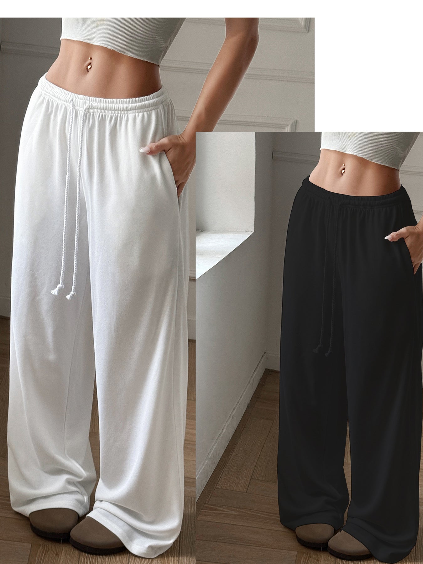 Damen Palazzo-Hose Elastischer Bund Praktische Seitentaschen Beige - Norvielle