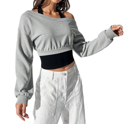 Damen Cropped Sweatshirt Offene Schulter Elastisch Beige