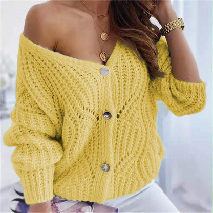 Damen Cardigan Offen Grobstrick Dekorative Knöpfe Beige