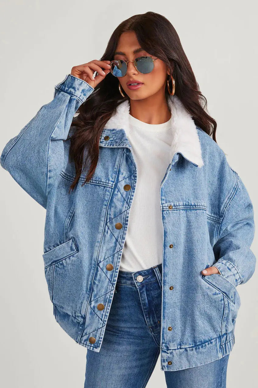 Damen Denimjacke Fleecekragen Blau - Norvielle