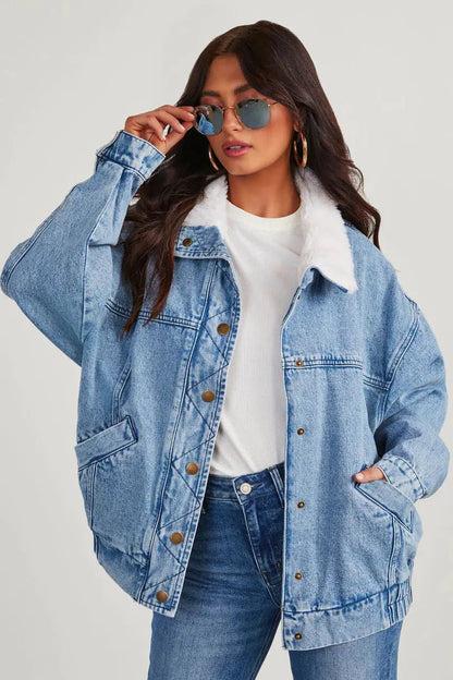 Damen Denimjacke Fleecekragen Blau - Norvielle