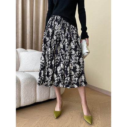 Damen Midirock Floralmuster Luftig Schwarz - Norvielle