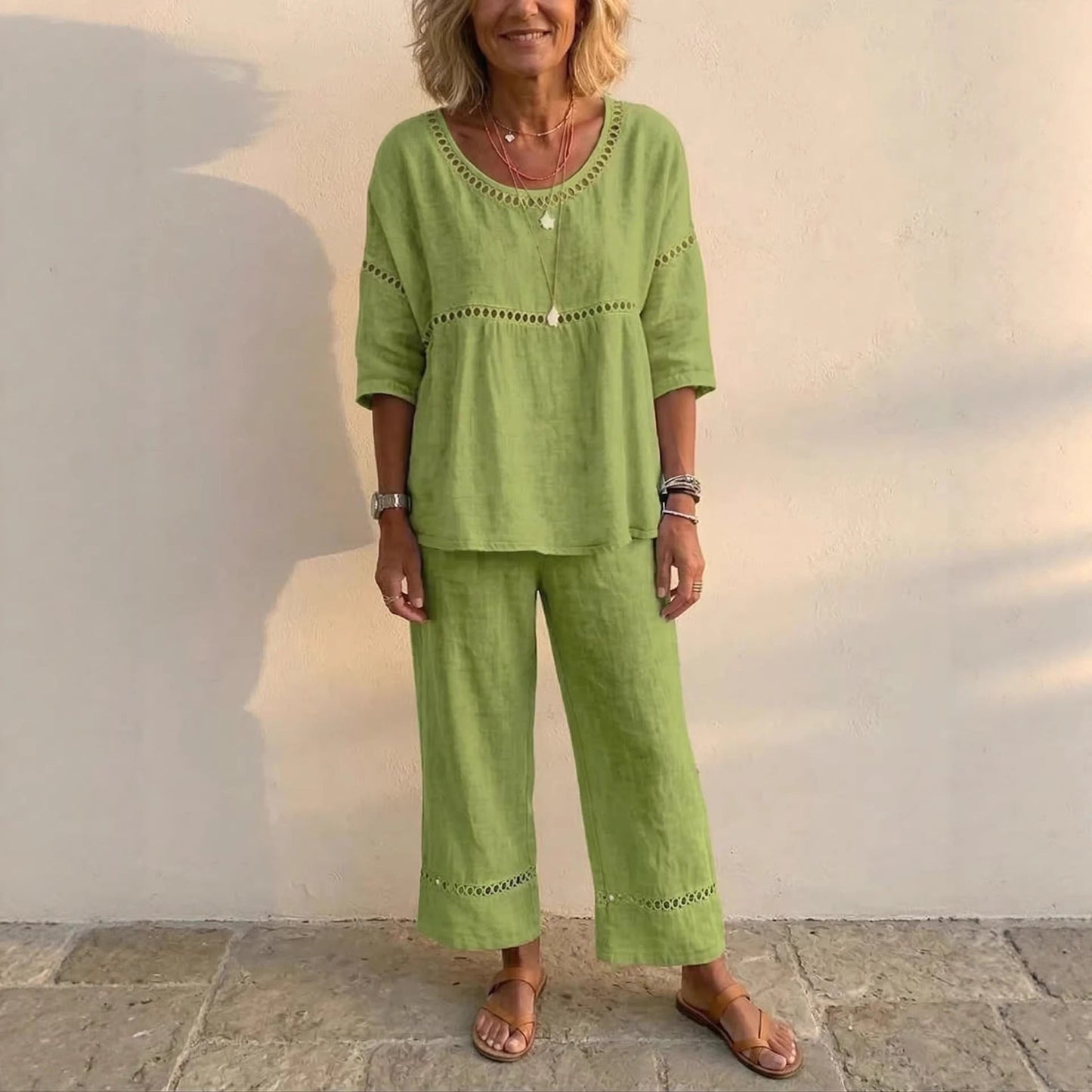 Damen Loungewear Anzug Leinen Luftig Spitze Beige