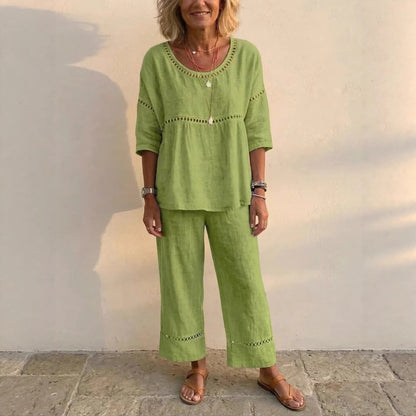 Damen Loungewear Anzug Leinen Luftig Spitze Beige