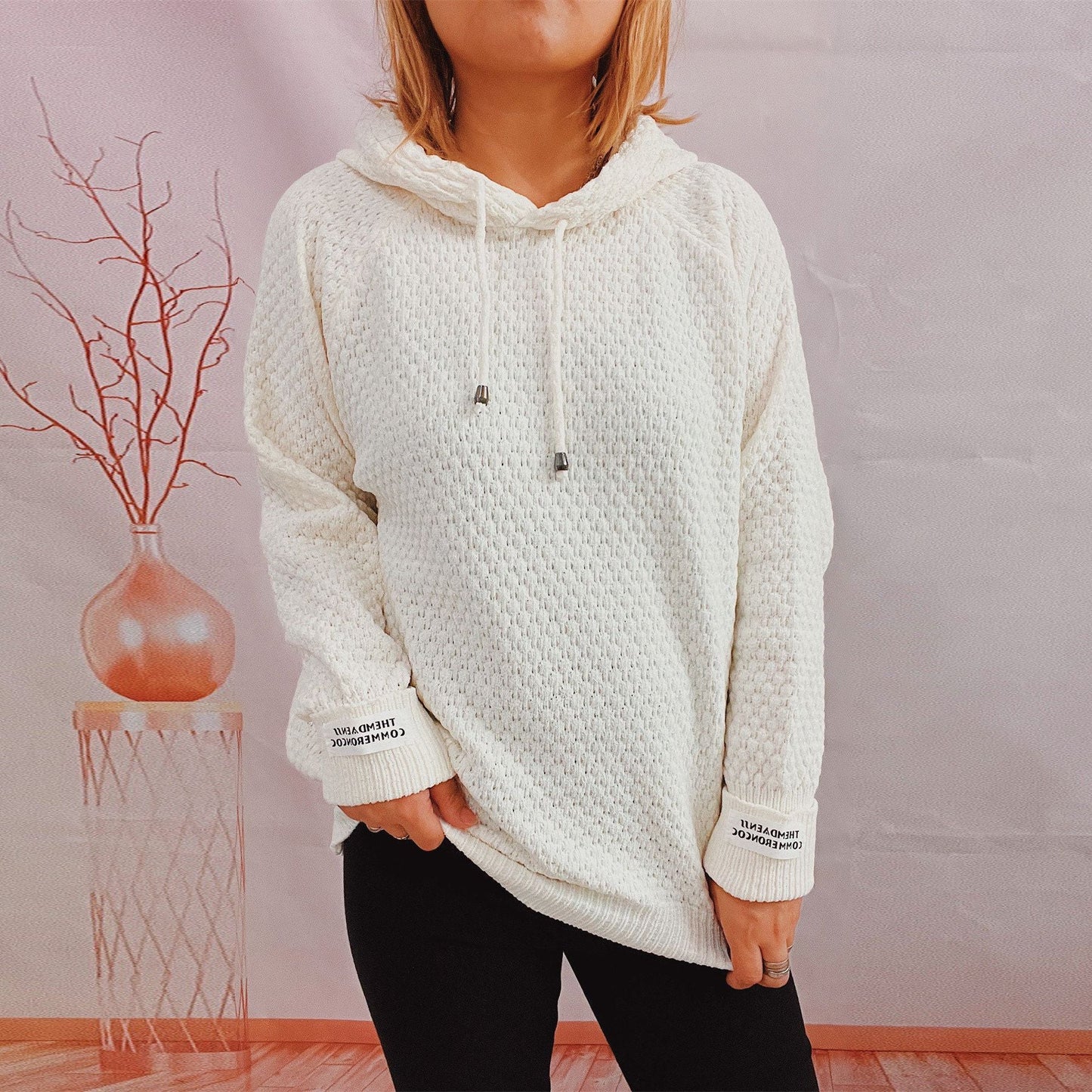 Damen Hoodie Strukturiertes Gewebe Moderner Kordelzug Beige