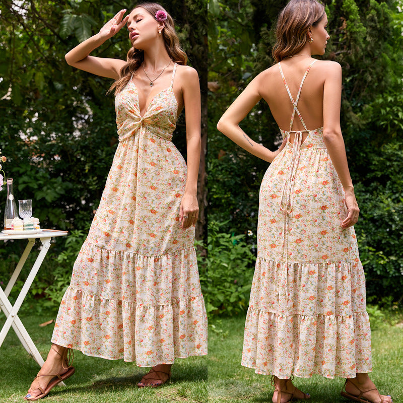 Damen Maxi-Kleid V-Ausschnitt Fließender Rock Norvielle