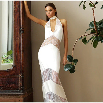 Damen Maxikleid Spitzenbesatz Elegantes