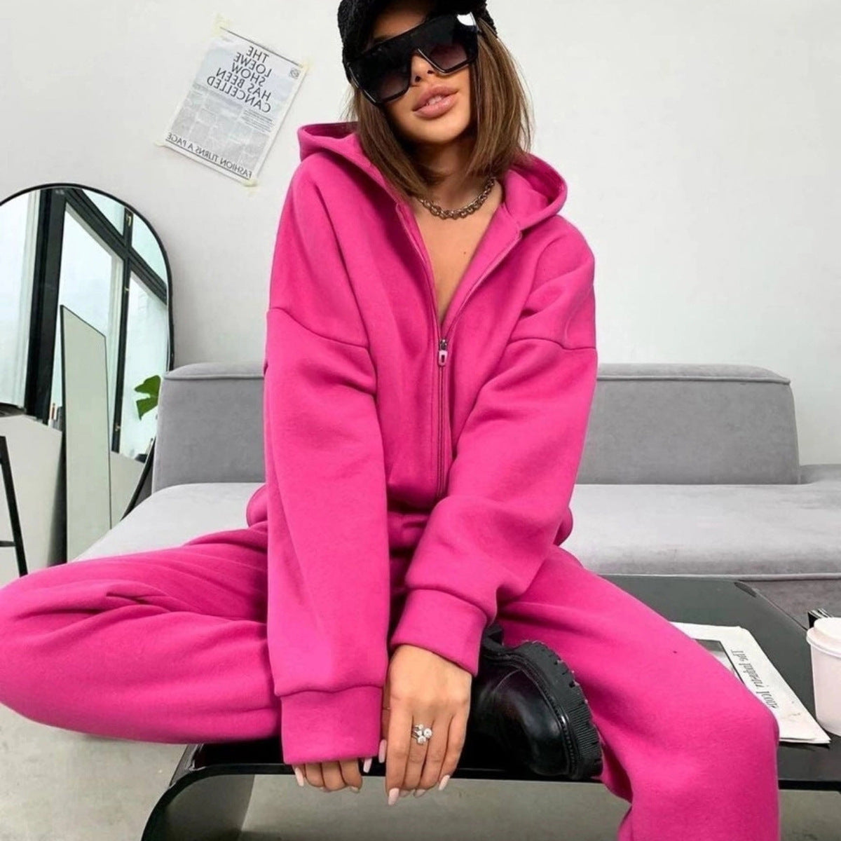 Damen Fleece-Jumpsuit mit Kapuze und Reißverschluss Norvielle