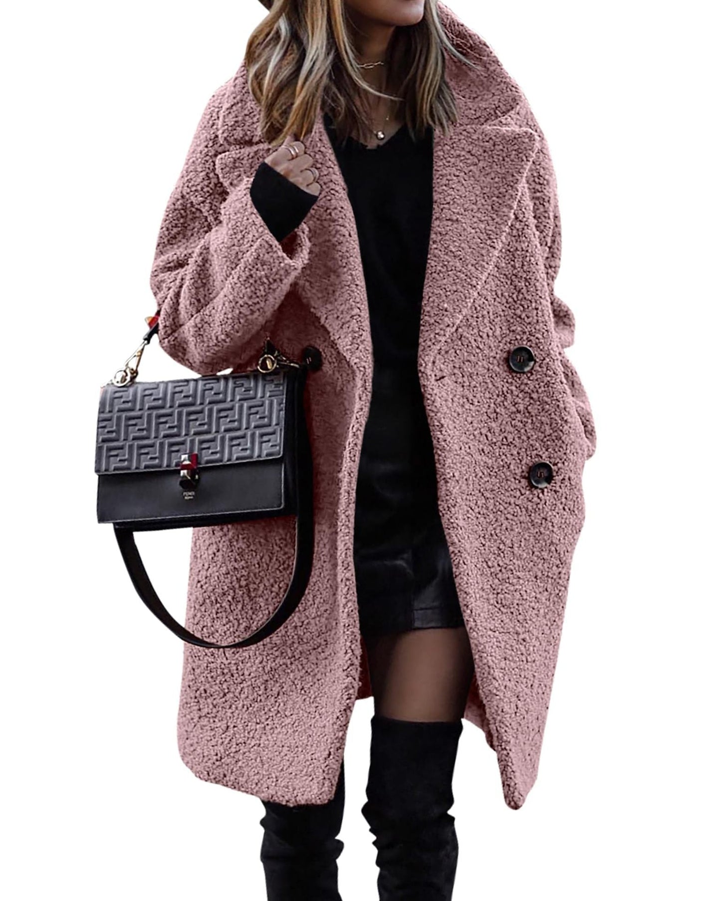 Damen Bouclé Mantel Klassisches Revers Eleganz