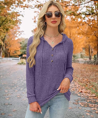 Damen Kapuzenpullover Kuschelfleece Knöpfe Seitentaschen Norvielle