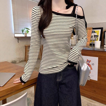 Damen Langarmshirt Schulterfrei Baumwolle Weiß