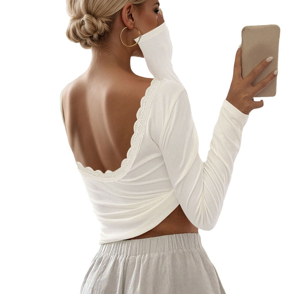 Damen Langarmshirt Spitzenverzierung Tiefes Rückenkleid