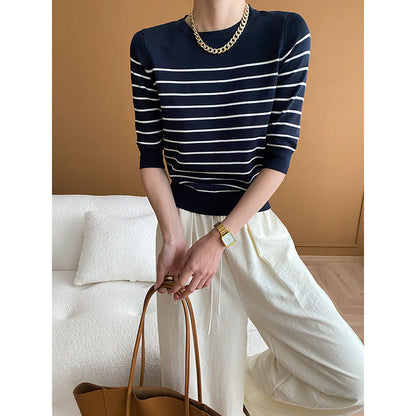 Damen Pullover Gestreift Rundhalsausschnitt Slim Fit