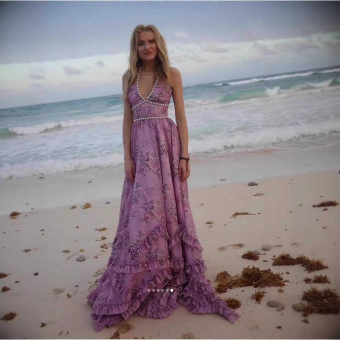 Damen Maxikleid V-Ausschnitt Floralmuster Rüschen