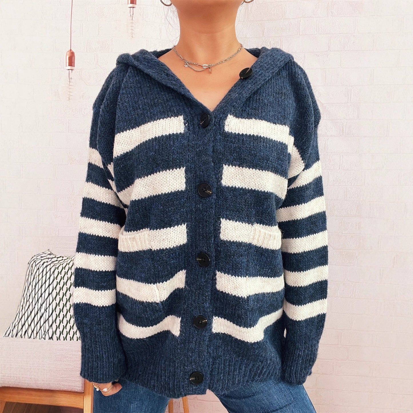 Damen Strickcardigan mit Kapuze und Streifen