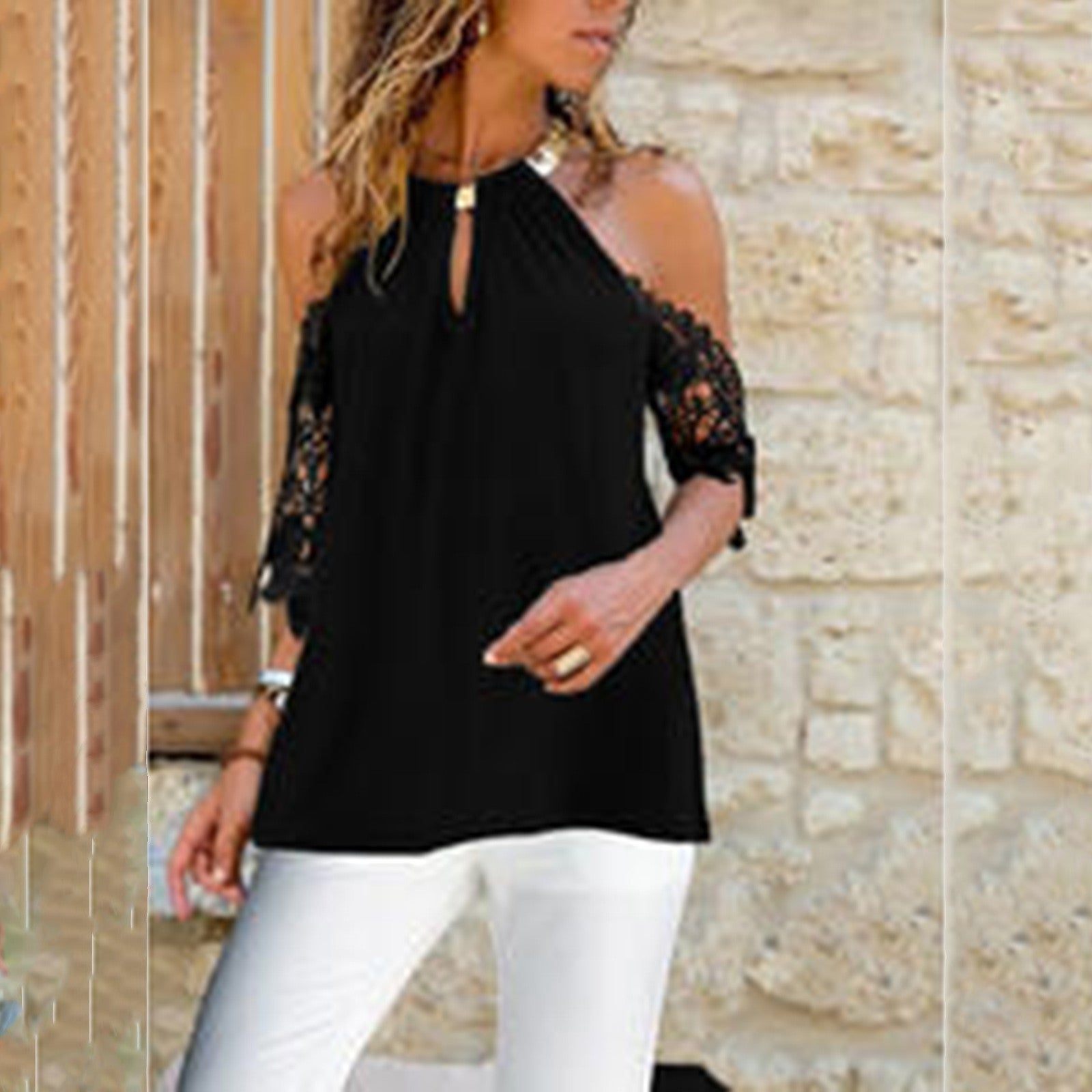 Damen Bluse Spitzenverzierung Cut-Outs Elegantes Design - Norvielle