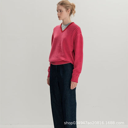 Damen Feinstrickpullover V-Ausschnitt Streifenmuster
