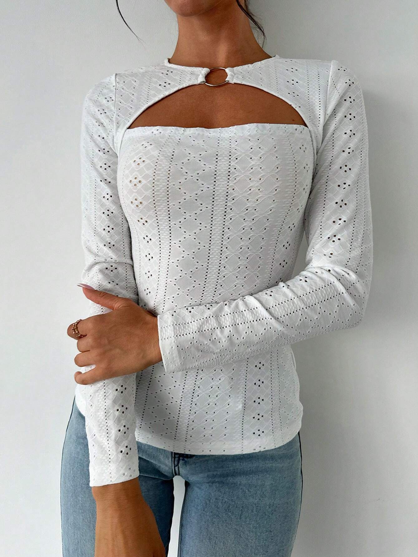 Damen Langarmshirt Baumwolle Dekorativ Cut-Out-Details Weiß