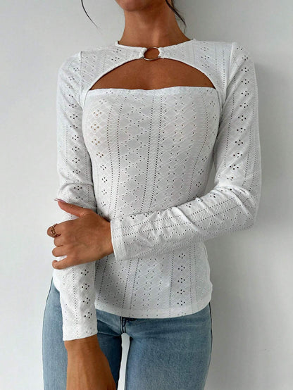 Damen Langarmshirt Baumwolle Dekorativ Cut-Out-Details Weiß