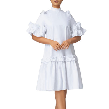 Damen Midikleid Voluminöse Rüschenärmel Stehkragen Norvielle