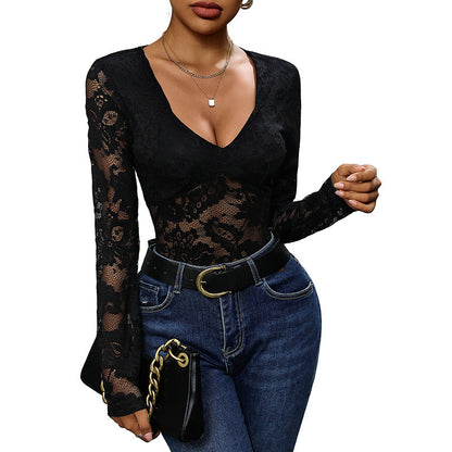 Damen Body Spitzenmuster V-Ausschnitt
